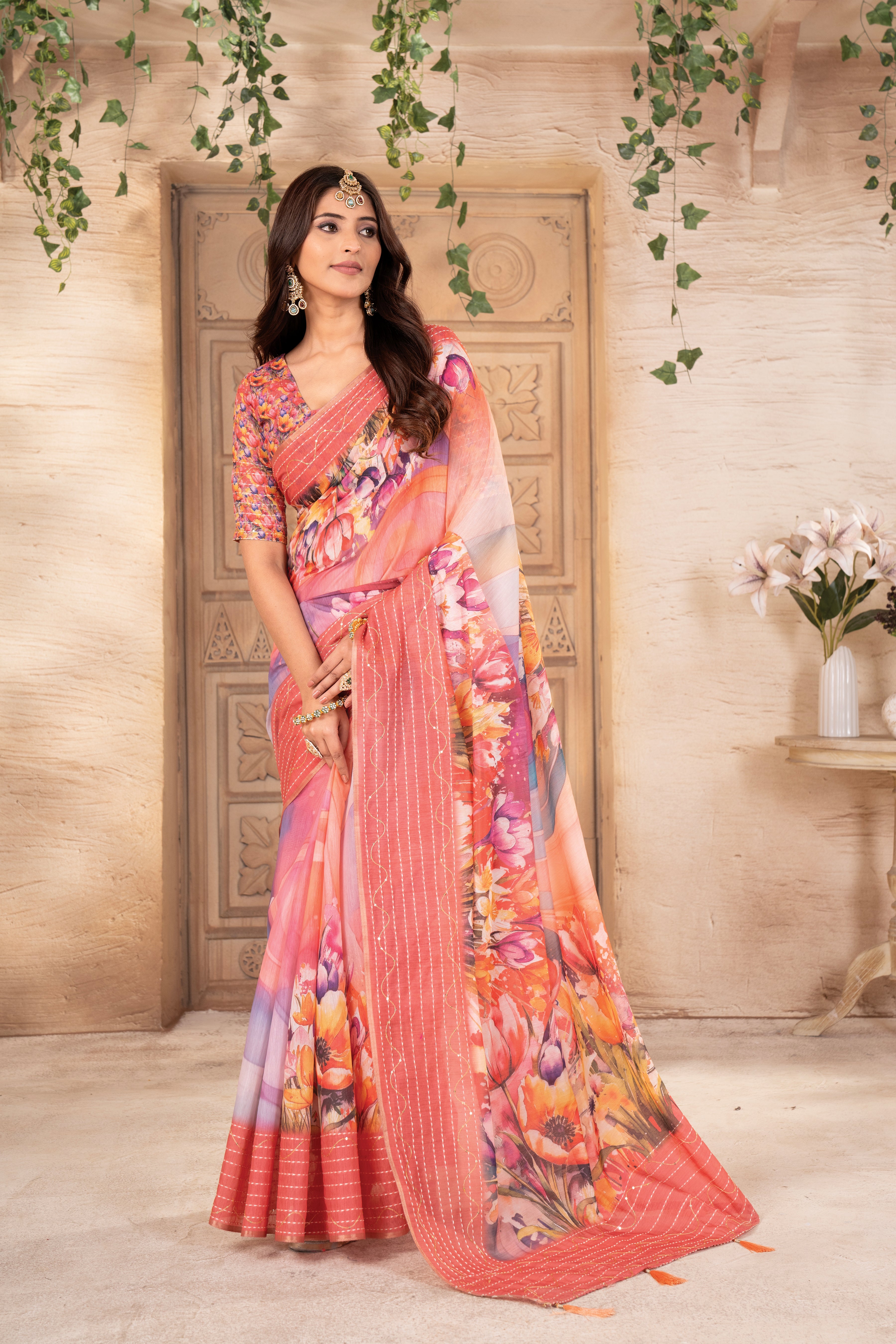 Gajari Flora Silk Chanderi Saree